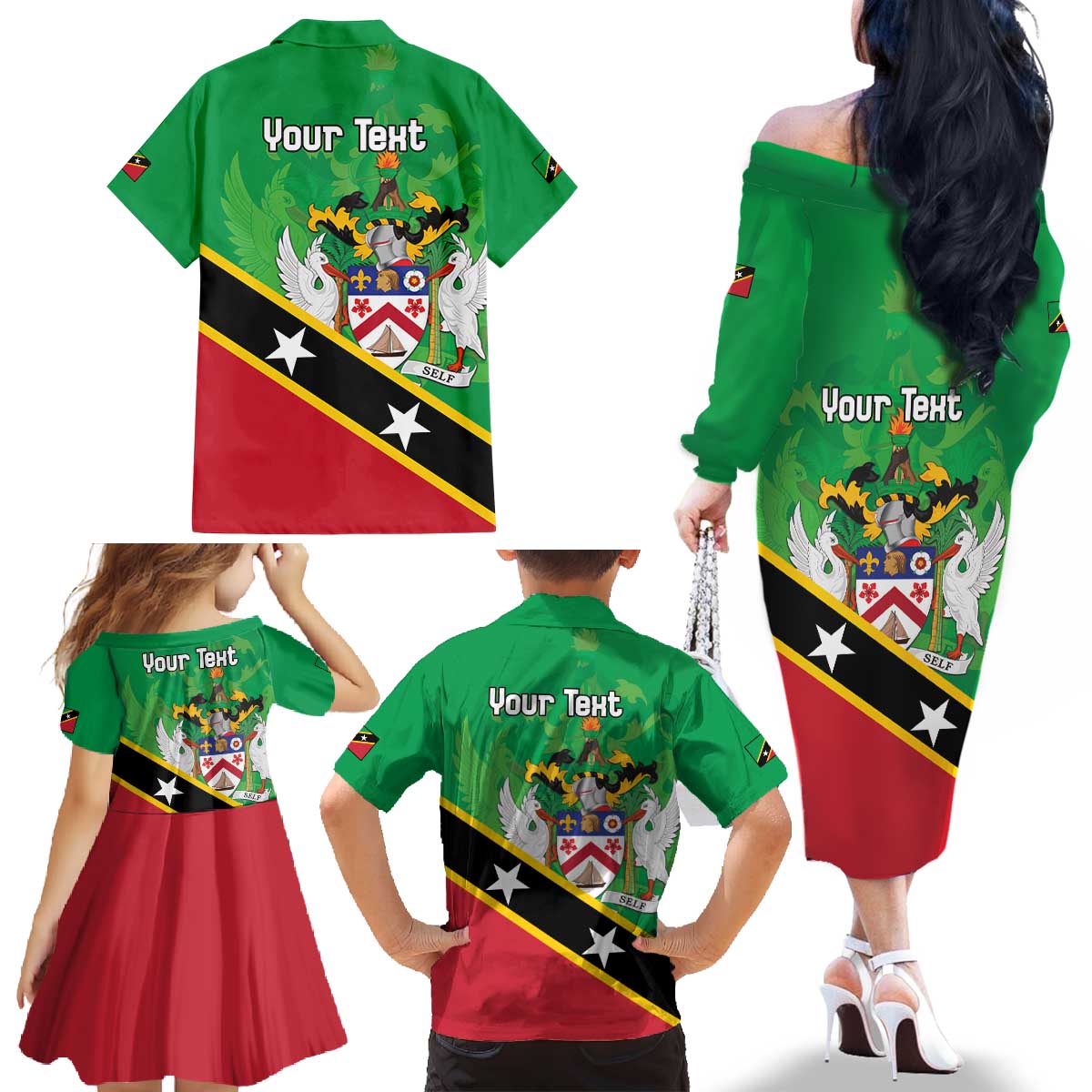 Personalized Saint Kitts And Nevis Family Matching Off The Shoulder Long Sleeve Dress and Hawaiian Shirt Country Above Self - Wonder Print Shop