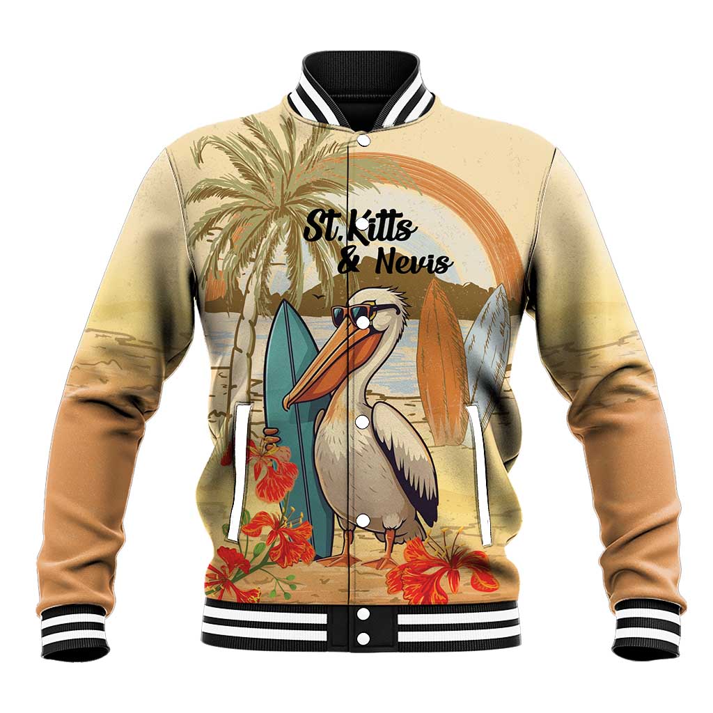 Personalized Saint Kitts And Nevis Baseball Jacket Brown Pelican Beach Vibe - Wonder Print Shop