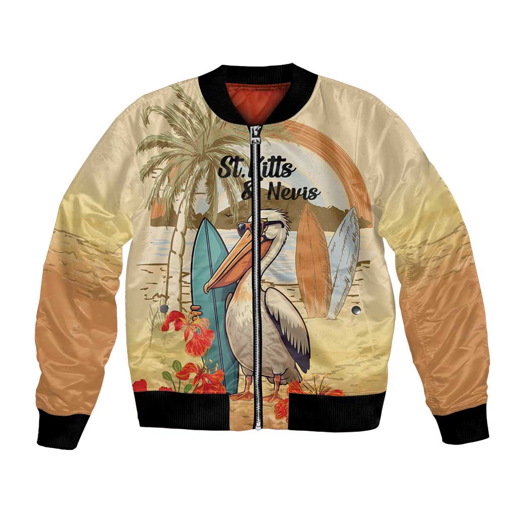 Personalized Saint Kitts And Nevis Bomber Jacket Brown Pelican Beach Vibe - Wonder Print Shop