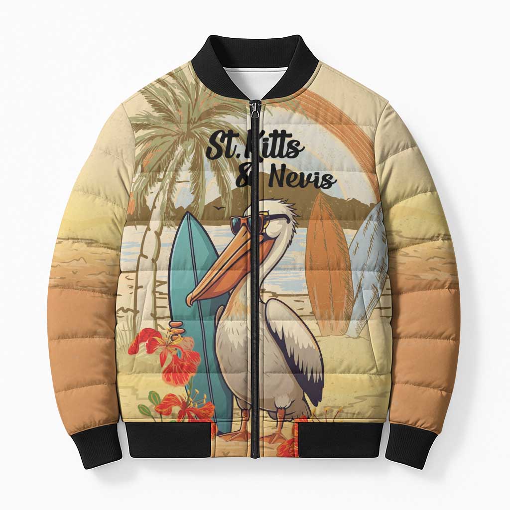 Personalized Saint Kitts And Nevis Bomber Puffer Jacket Brown Pelican Beach Vibe - Wonder Print Shop