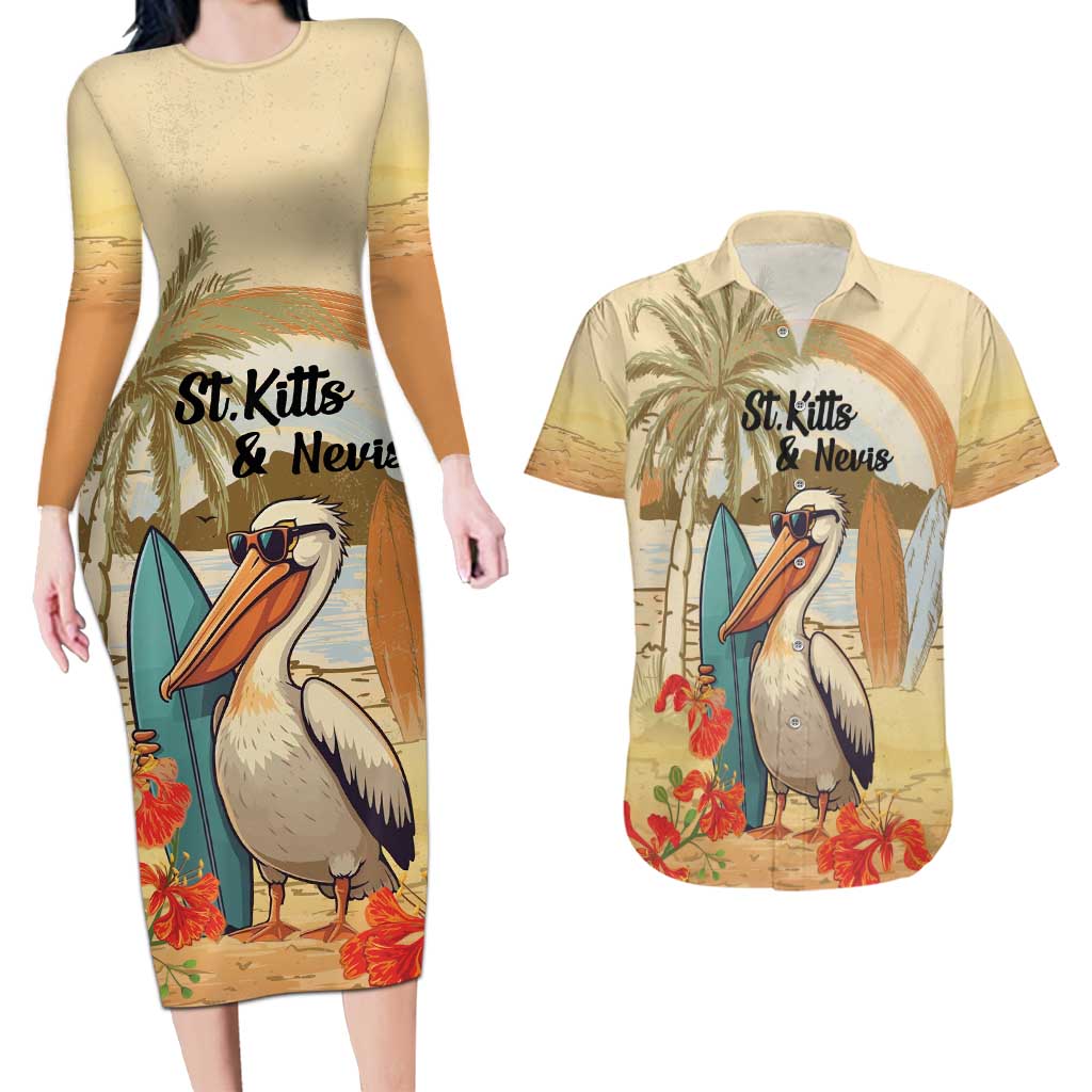 Personalized Saint Kitts And Nevis Couples Matching Long Sleeve Bodycon Dress and Hawaiian Shirt Brown Pelican Beach Vibe - Wonder Print Shop