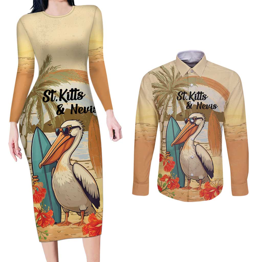 Personalized Saint Kitts And Nevis Couples Matching Long Sleeve Bodycon Dress and Long Sleeve Button Shirt Brown Pelican Beach Vibe - Wonder Print Shop