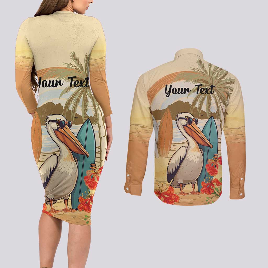 Personalized Saint Kitts And Nevis Couples Matching Long Sleeve Bodycon Dress and Long Sleeve Button Shirt Brown Pelican Beach Vibe - Wonder Print Shop