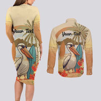 Personalized Saint Kitts And Nevis Couples Matching Long Sleeve Bodycon Dress and Long Sleeve Button Shirt Brown Pelican Beach Vibe - Wonder Print Shop