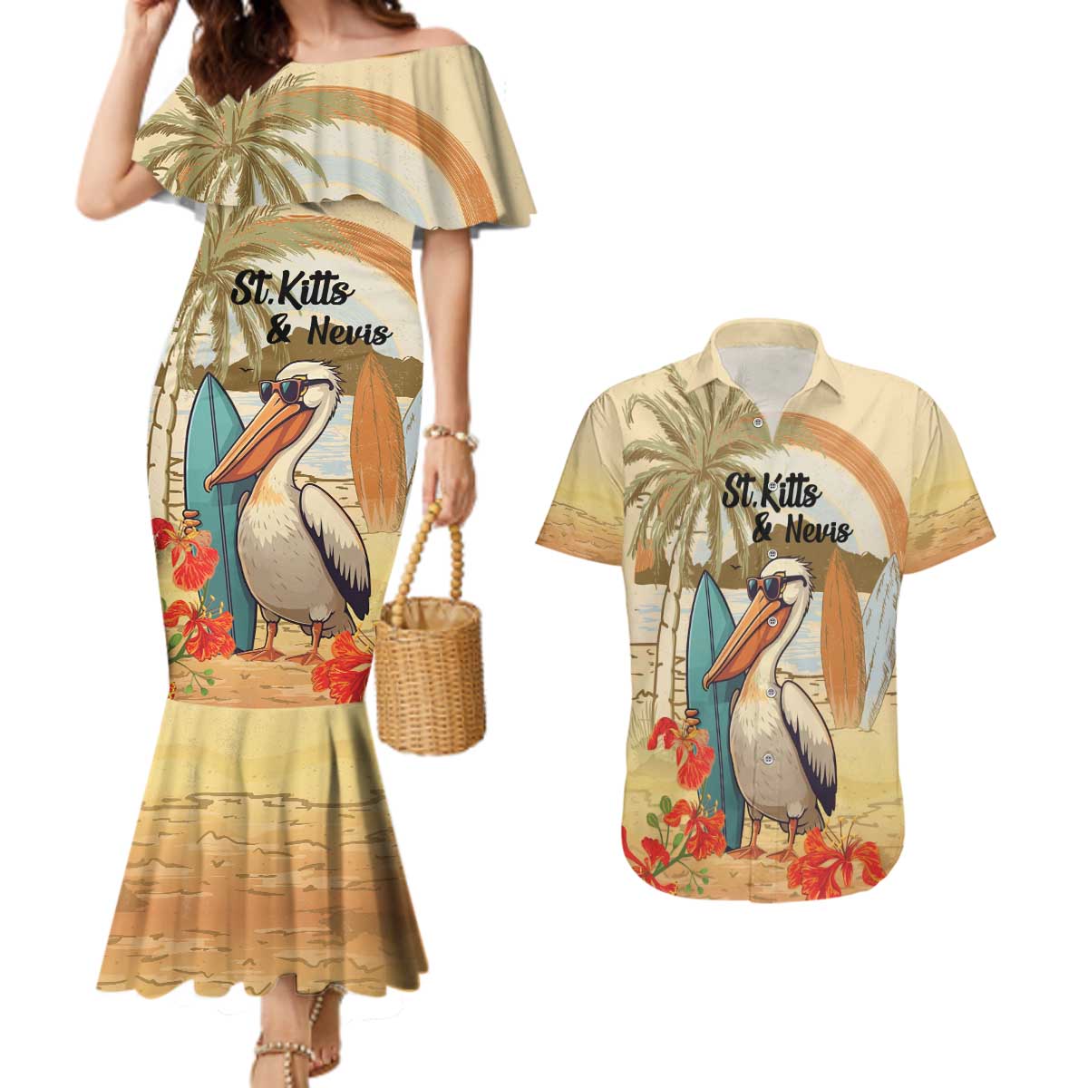 Personalized Saint Kitts And Nevis Couples Matching Mermaid Dress and Hawaiian Shirt Brown Pelican Beach Vibe - Wonder Print Shop