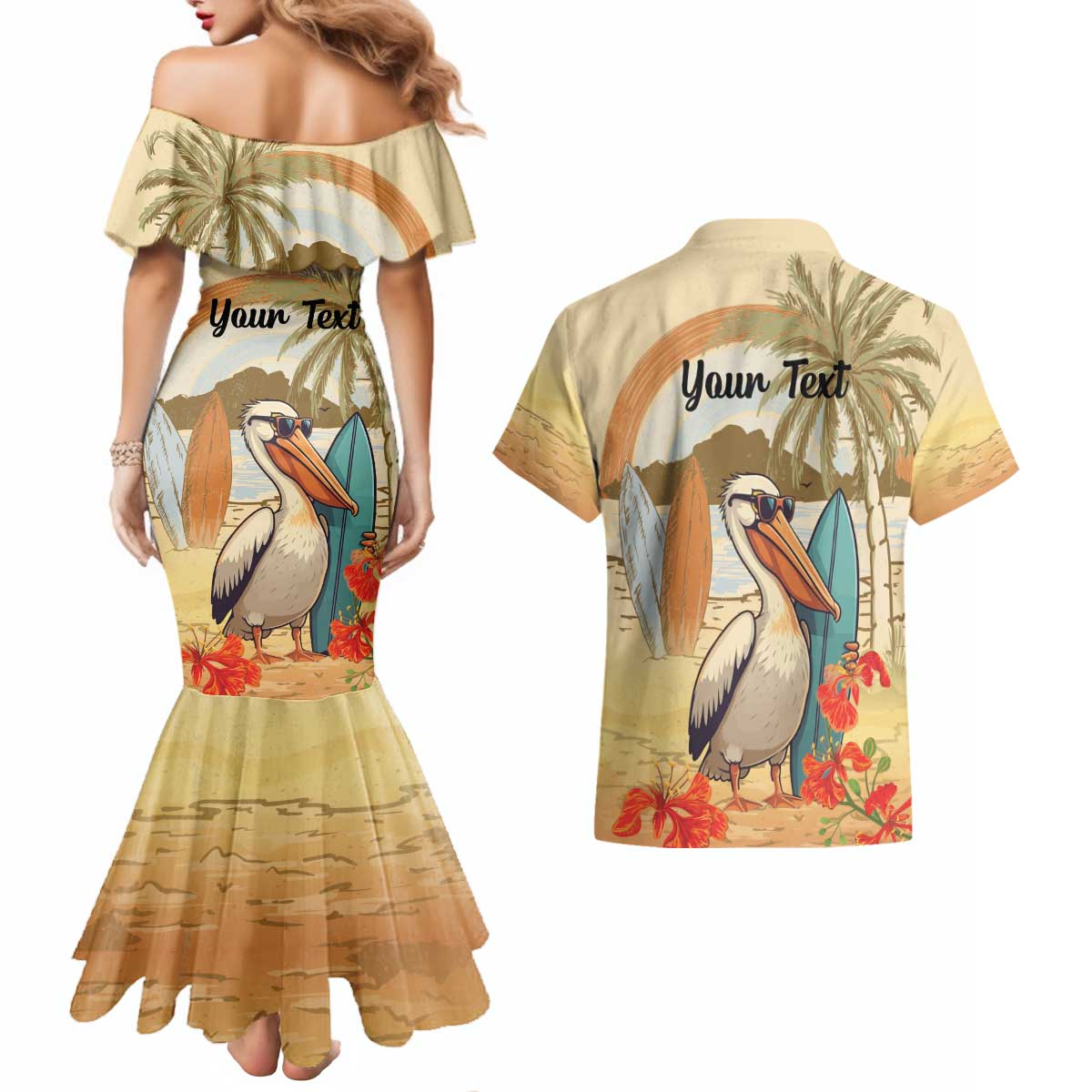 Personalized Saint Kitts And Nevis Couples Matching Mermaid Dress and Hawaiian Shirt Brown Pelican Beach Vibe - Wonder Print Shop