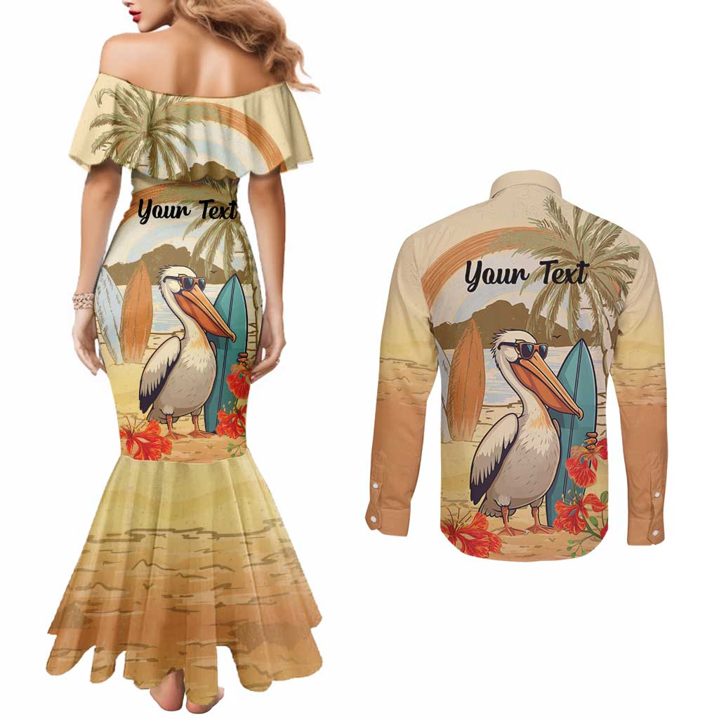 Personalized Saint Kitts And Nevis Couples Matching Mermaid Dress and Long Sleeve Button Shirt Brown Pelican Beach Vibe - Wonder Print Shop