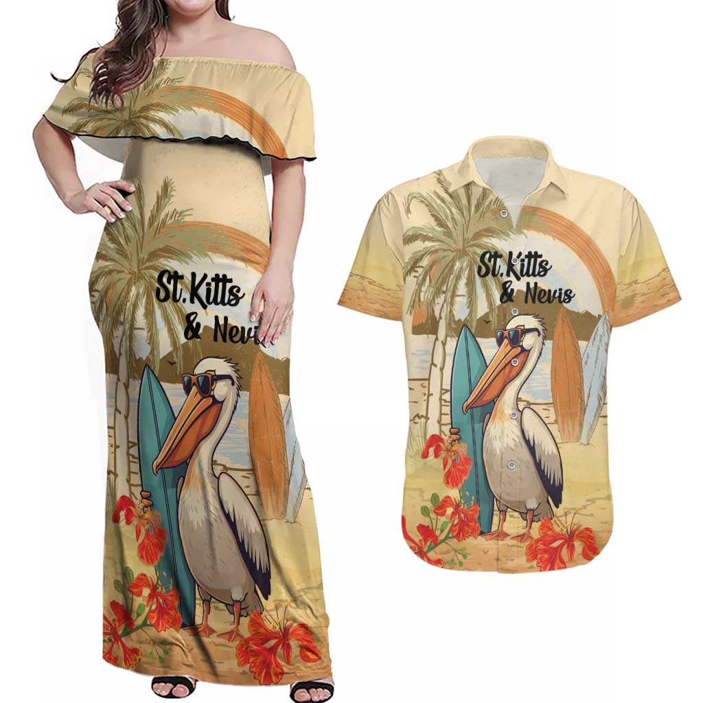 Personalized Saint Kitts And Nevis Couples Matching Off Shoulder Maxi Dress and Hawaiian Shirt Brown Pelican Beach Vibe - Wonder Print Shop