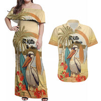Personalized Saint Kitts And Nevis Couples Matching Off Shoulder Maxi Dress and Hawaiian Shirt Brown Pelican Beach Vibe - Wonder Print Shop