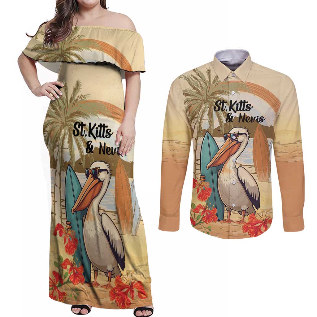Personalized Saint Kitts And Nevis Couples Matching Off Shoulder Maxi Dress and Long Sleeve Button Shirt Brown Pelican Beach Vibe - Wonder Print Shop