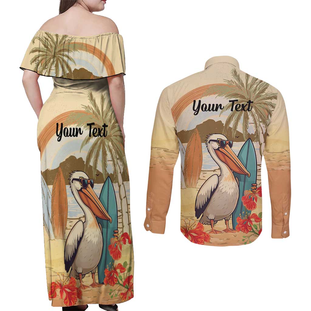 Personalized Saint Kitts And Nevis Couples Matching Off Shoulder Maxi Dress and Long Sleeve Button Shirt Brown Pelican Beach Vibe - Wonder Print Shop