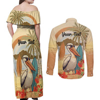 Personalized Saint Kitts And Nevis Couples Matching Off Shoulder Maxi Dress and Long Sleeve Button Shirt Brown Pelican Beach Vibe - Wonder Print Shop