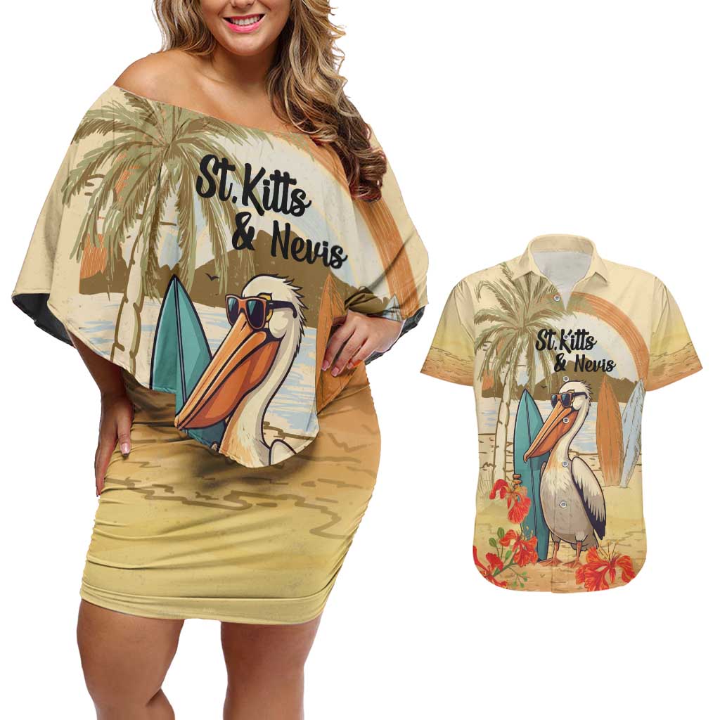 Personalized Saint Kitts And Nevis Couples Matching Off Shoulder Short Dress and Hawaiian Shirt Brown Pelican Beach Vibe - Wonder Print Shop
