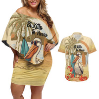 Personalized Saint Kitts And Nevis Couples Matching Off Shoulder Short Dress and Hawaiian Shirt Brown Pelican Beach Vibe - Wonder Print Shop