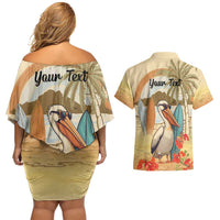 Personalized Saint Kitts And Nevis Couples Matching Off Shoulder Short Dress and Hawaiian Shirt Brown Pelican Beach Vibe - Wonder Print Shop