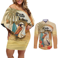 Personalized Saint Kitts And Nevis Couples Matching Off Shoulder Short Dress and Long Sleeve Button Shirt Brown Pelican Beach Vibe - Wonder Print Shop