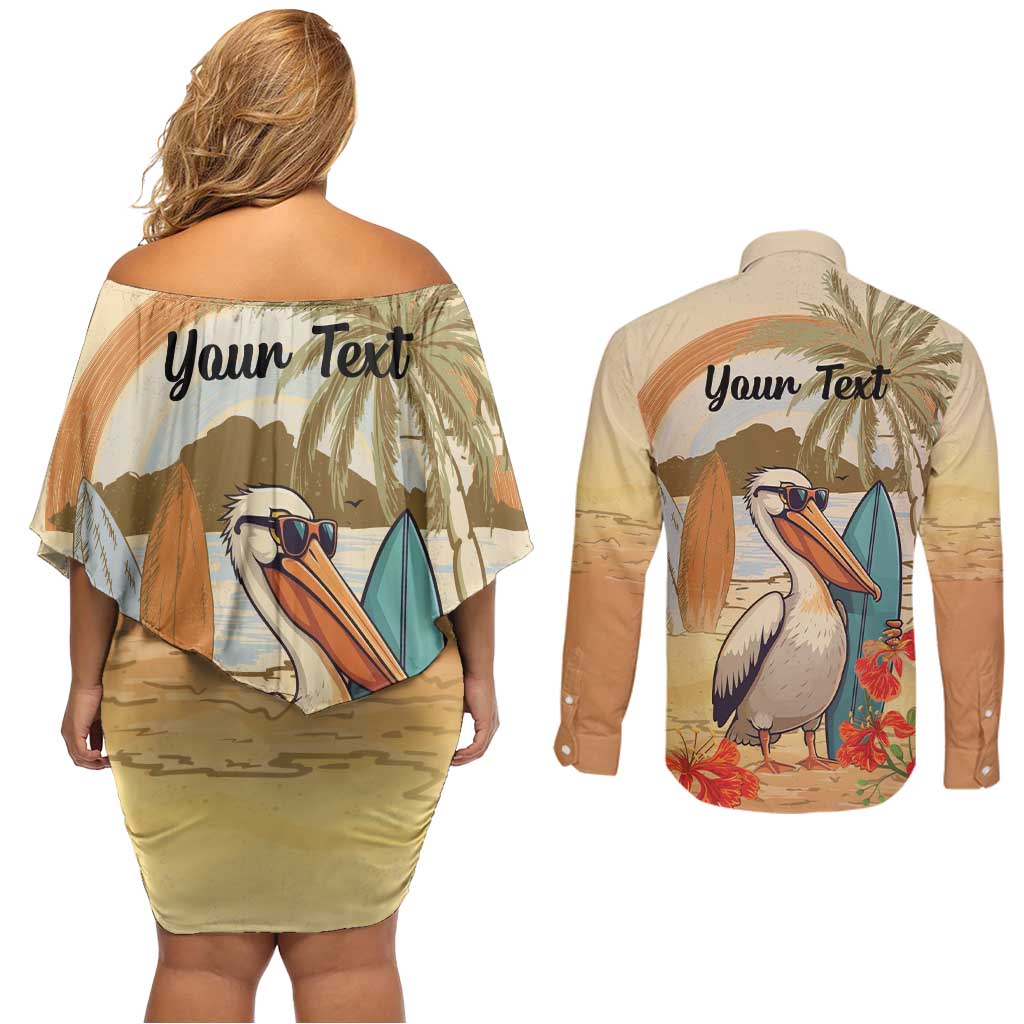 Personalized Saint Kitts And Nevis Couples Matching Off Shoulder Short Dress and Long Sleeve Button Shirt Brown Pelican Beach Vibe - Wonder Print Shop