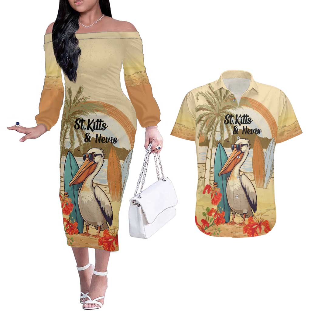 Personalized Saint Kitts And Nevis Couples Matching Off The Shoulder Long Sleeve Dress and Hawaiian Shirt Brown Pelican Beach Vibe - Wonder Print Shop