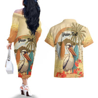 Personalized Saint Kitts And Nevis Couples Matching Off The Shoulder Long Sleeve Dress and Hawaiian Shirt Brown Pelican Beach Vibe - Wonder Print Shop