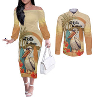 Personalized Saint Kitts And Nevis Couples Matching Off The Shoulder Long Sleeve Dress and Long Sleeve Button Shirt Brown Pelican Beach Vibe - Wonder Print Shop