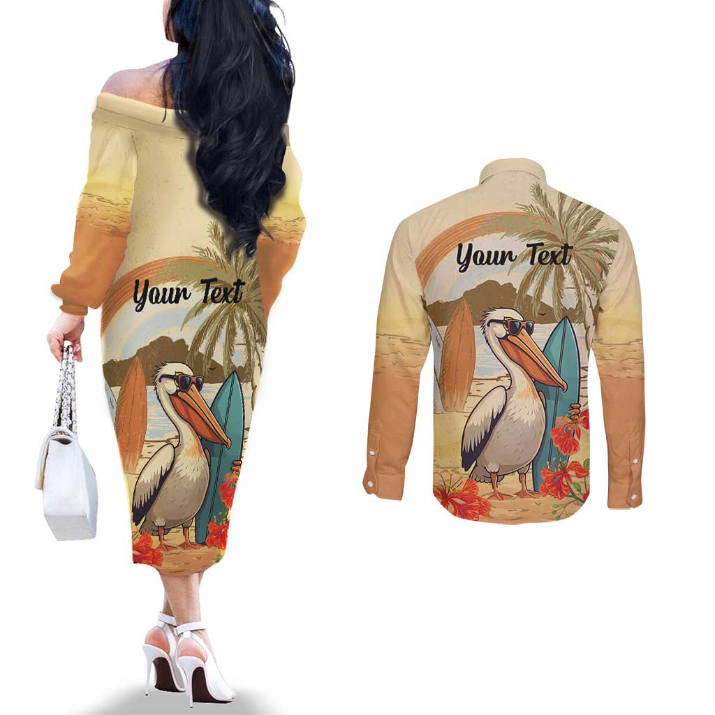 Personalized Saint Kitts And Nevis Couples Matching Off The Shoulder Long Sleeve Dress and Long Sleeve Button Shirt Brown Pelican Beach Vibe - Wonder Print Shop