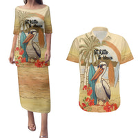 Personalized Saint Kitts And Nevis Couples Matching Puletasi and Hawaiian Shirt Brown Pelican Beach Vibe - Wonder Print Shop