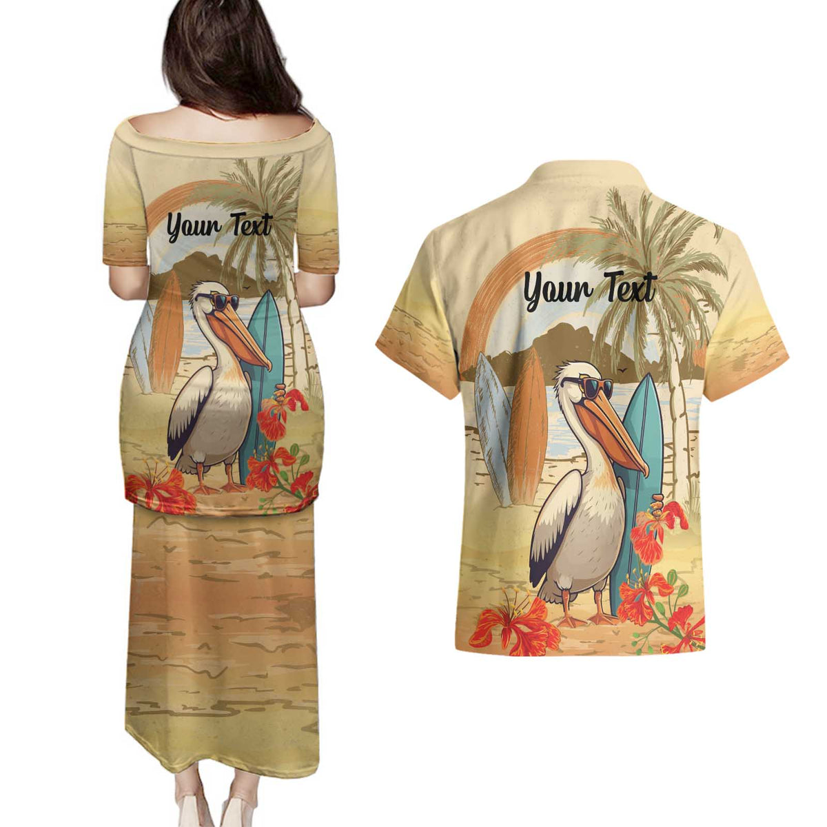 Personalized Saint Kitts And Nevis Couples Matching Puletasi and Hawaiian Shirt Brown Pelican Beach Vibe - Wonder Print Shop