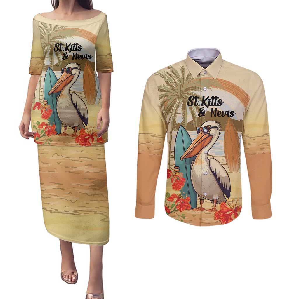 Personalized Saint Kitts And Nevis Couples Matching Puletasi and Long Sleeve Button Shirt Brown Pelican Beach Vibe - Wonder Print Shop