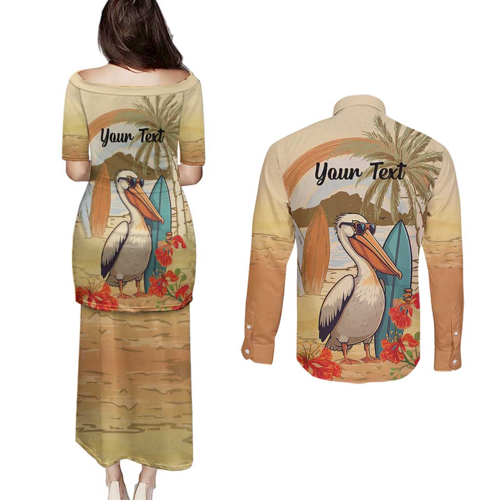 Personalized Saint Kitts And Nevis Couples Matching Puletasi and Long Sleeve Button Shirt Brown Pelican Beach Vibe - Wonder Print Shop