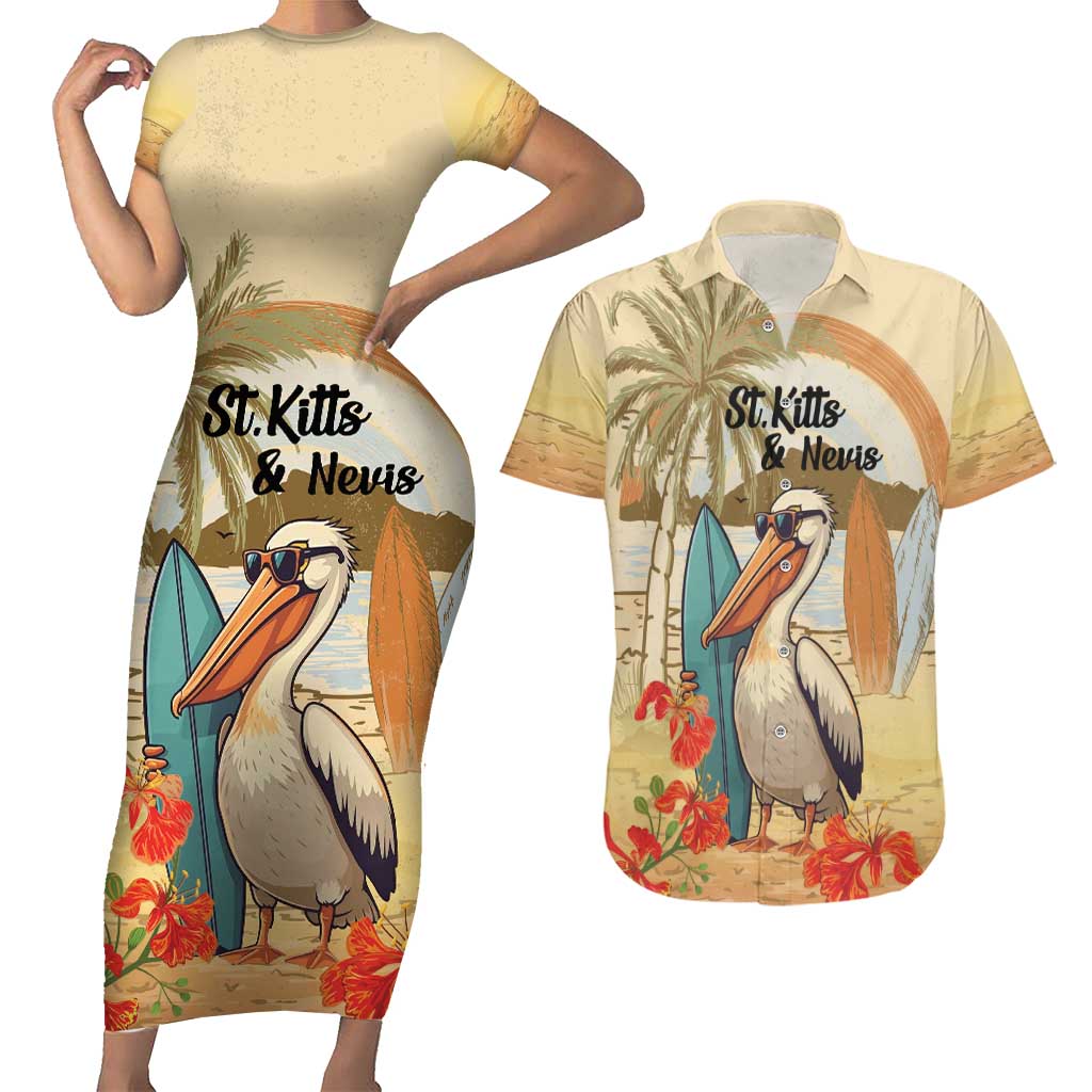 Personalized Saint Kitts And Nevis Couples Matching Short Sleeve Bodycon Dress and Hawaiian Shirt Brown Pelican Beach Vibe - Wonder Print Shop