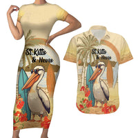 Personalized Saint Kitts And Nevis Couples Matching Short Sleeve Bodycon Dress and Hawaiian Shirt Brown Pelican Beach Vibe - Wonder Print Shop