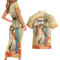 Personalized Saint Kitts And Nevis Couples Matching Short Sleeve Bodycon Dress and Hawaiian Shirt Brown Pelican Beach Vibe - Wonder Print Shop