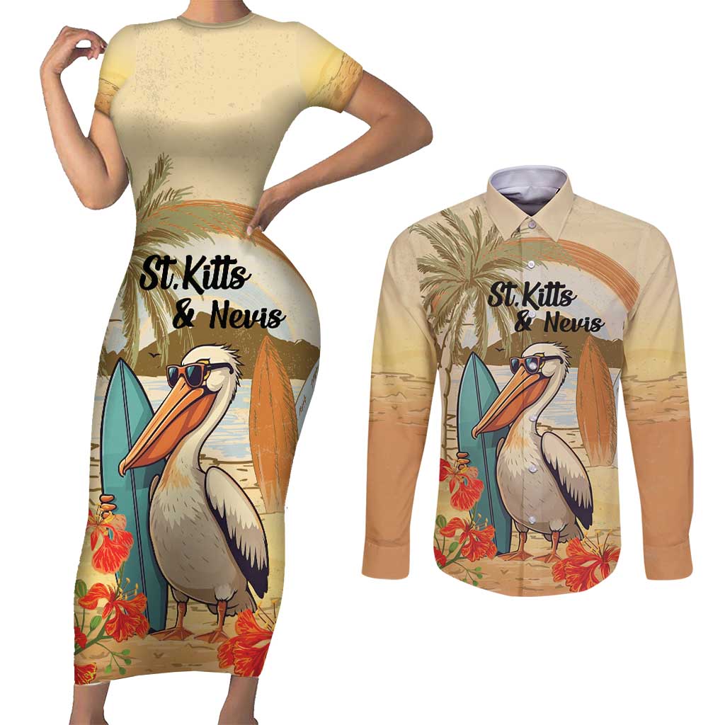 Personalized Saint Kitts And Nevis Couples Matching Short Sleeve Bodycon Dress and Long Sleeve Button Shirt Brown Pelican Beach Vibe - Wonder Print Shop