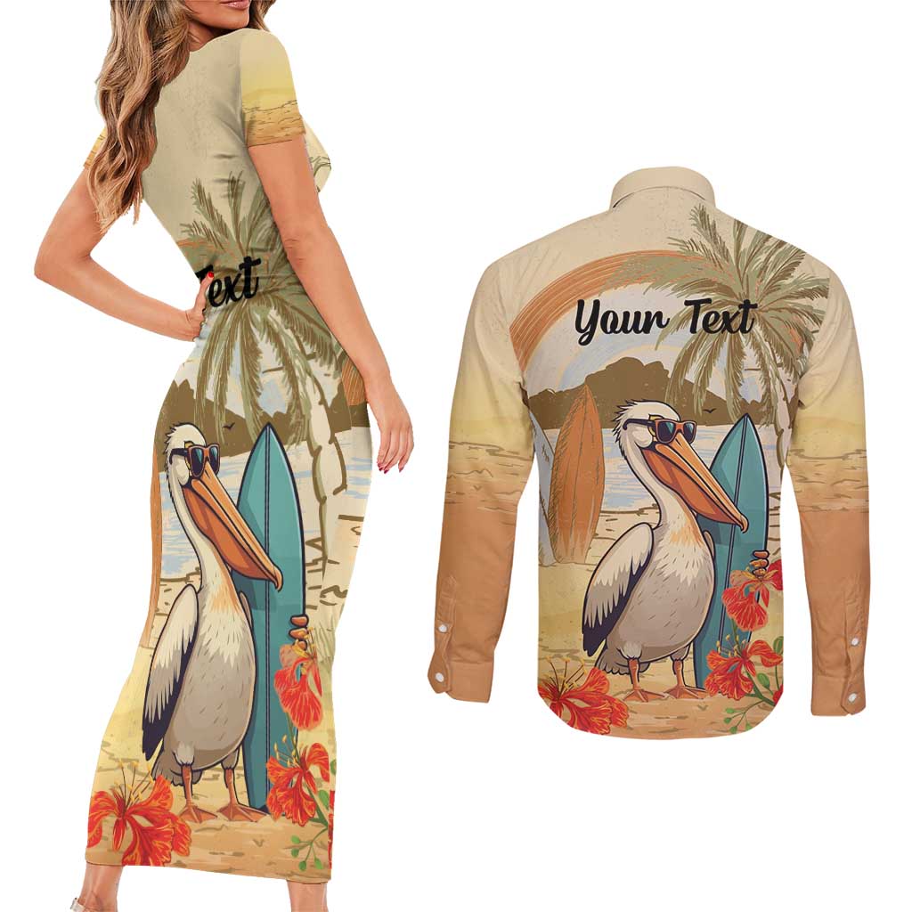 Personalized Saint Kitts And Nevis Couples Matching Short Sleeve Bodycon Dress and Long Sleeve Button Shirt Brown Pelican Beach Vibe - Wonder Print Shop