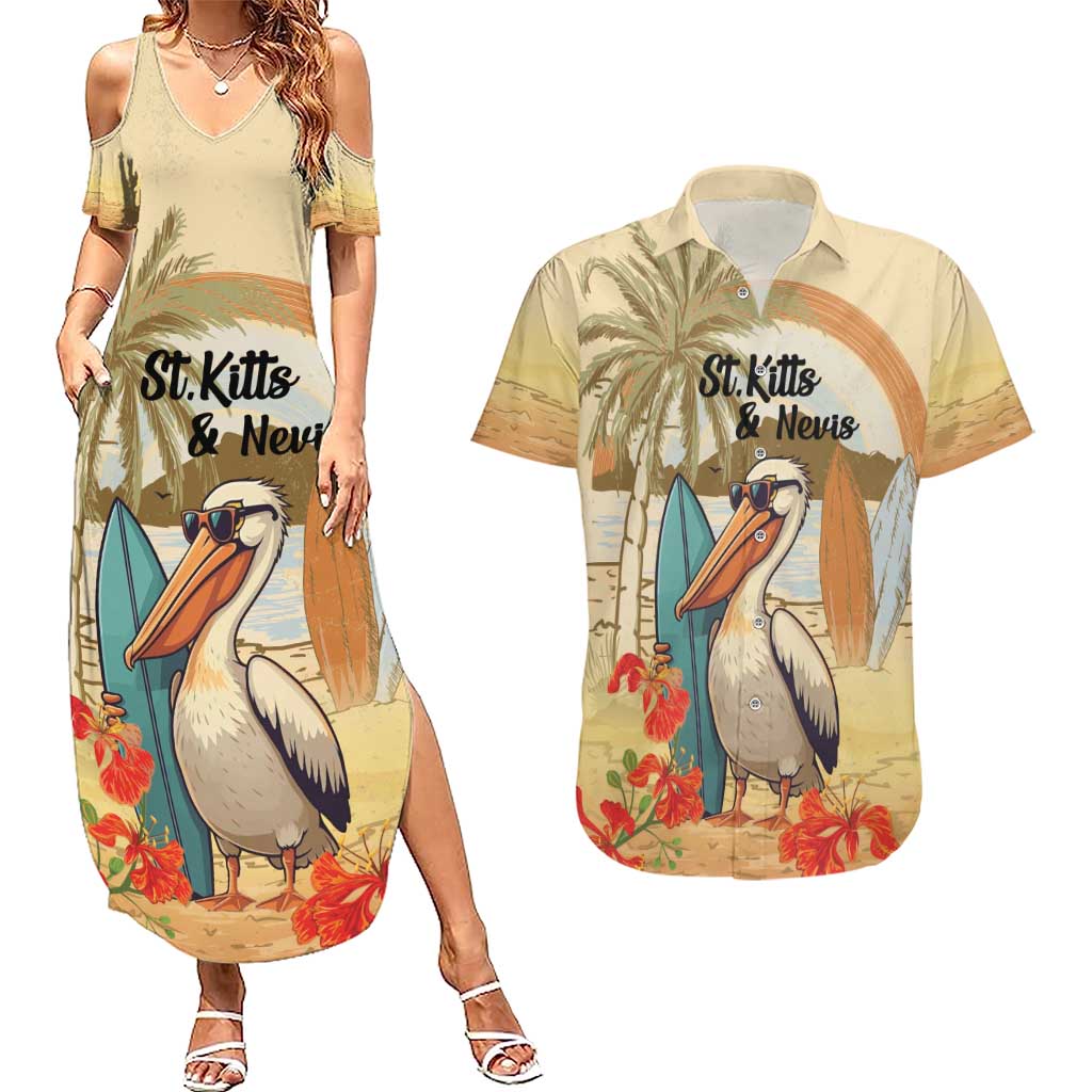 Personalized Saint Kitts And Nevis Couples Matching Summer Maxi Dress and Hawaiian Shirt Brown Pelican Beach Vibe - Wonder Print Shop