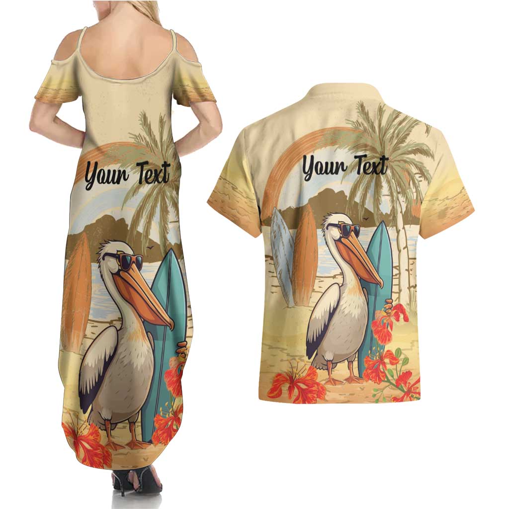 Personalized Saint Kitts And Nevis Couples Matching Summer Maxi Dress and Hawaiian Shirt Brown Pelican Beach Vibe - Wonder Print Shop