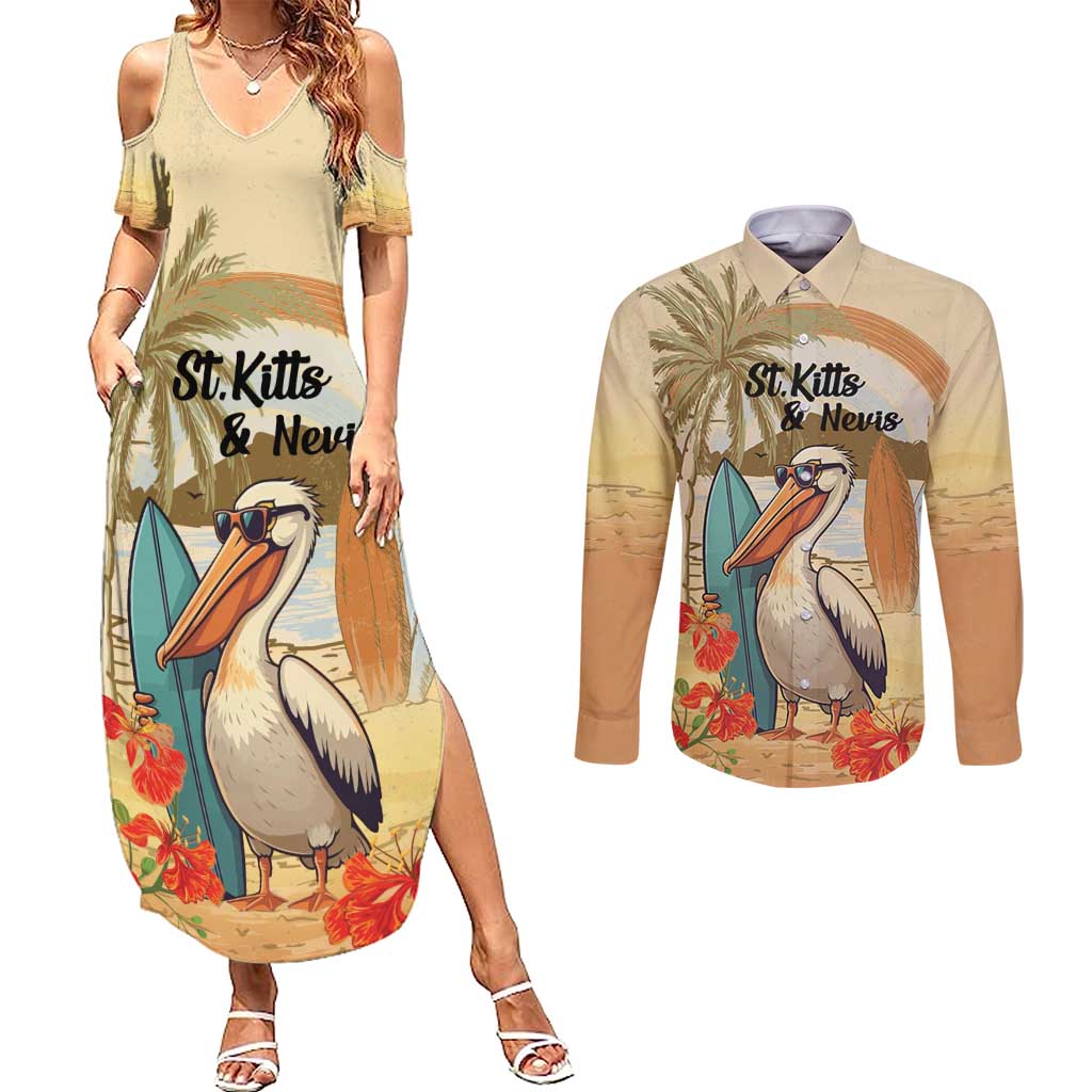 Personalized Saint Kitts And Nevis Couples Matching Summer Maxi Dress and Long Sleeve Button Shirt Brown Pelican Beach Vibe - Wonder Print Shop