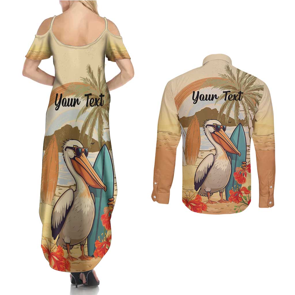 Personalized Saint Kitts And Nevis Couples Matching Summer Maxi Dress and Long Sleeve Button Shirt Brown Pelican Beach Vibe - Wonder Print Shop
