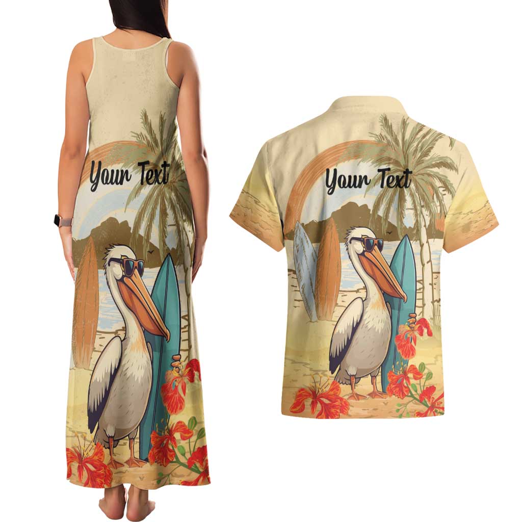 Personalized Saint Kitts And Nevis Couples Matching Tank Maxi Dress and Hawaiian Shirt Brown Pelican Beach Vibe - Wonder Print Shop