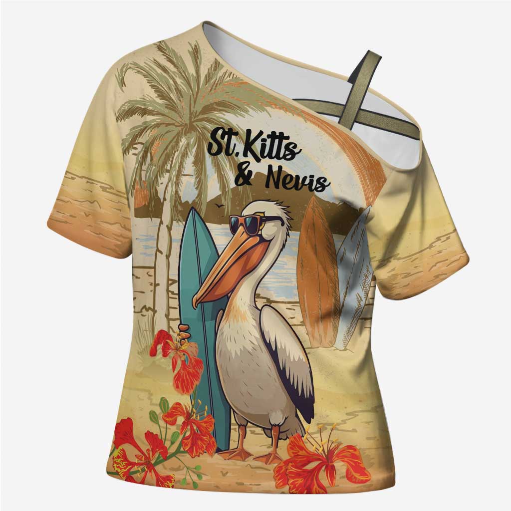 Personalized Saint Kitts And Nevis Cross Shoulder Shirt Brown Pelican Beach Vibe - Wonder Print Shop