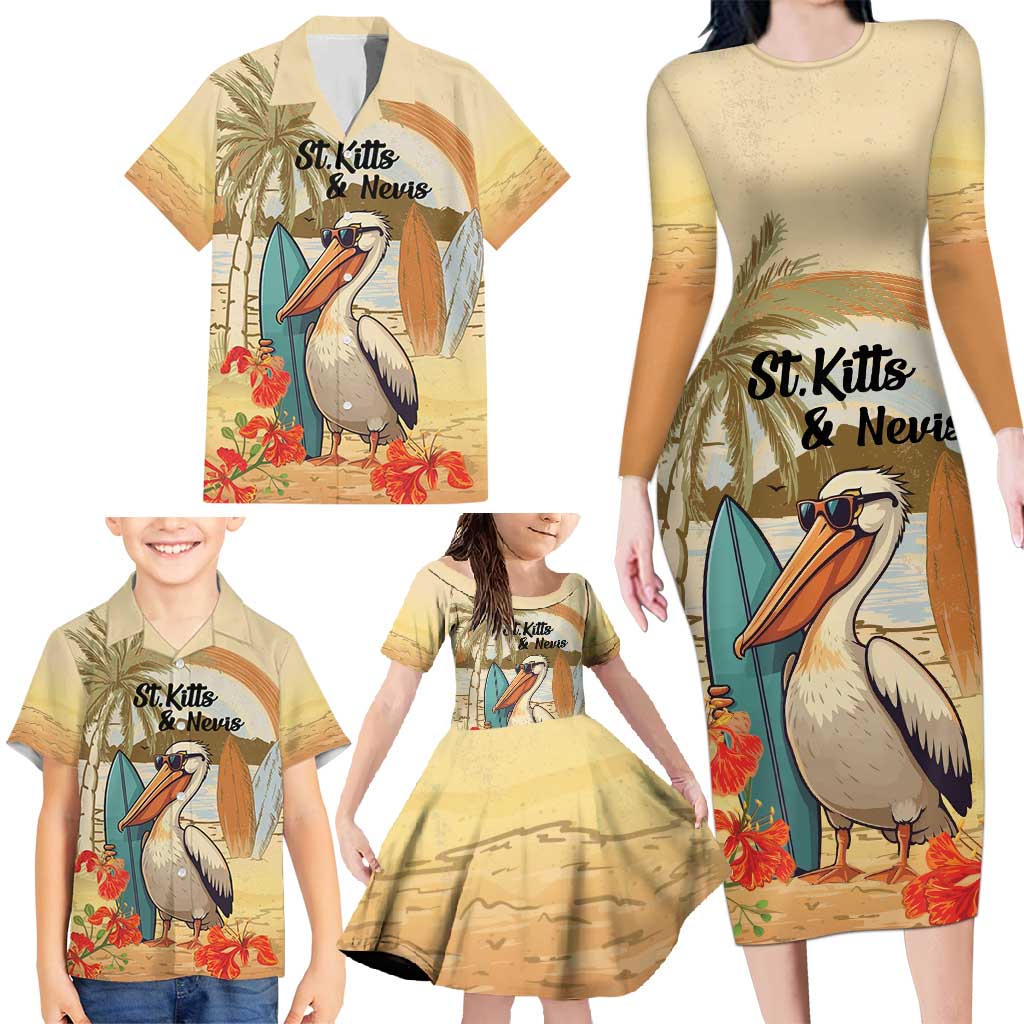 Personalized Saint Kitts And Nevis Family Matching Long Sleeve Bodycon Dress and Hawaiian Shirt Brown Pelican Beach Vibe - Wonder Print Shop