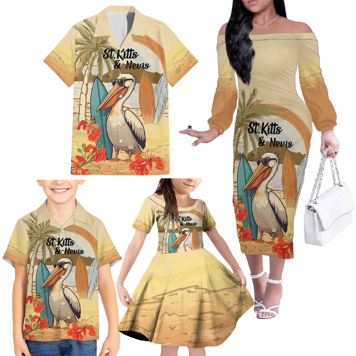 Personalized Saint Kitts And Nevis Family Matching Off The Shoulder Long Sleeve Dress and Hawaiian Shirt Brown Pelican Beach Vibe - Wonder Print Shop