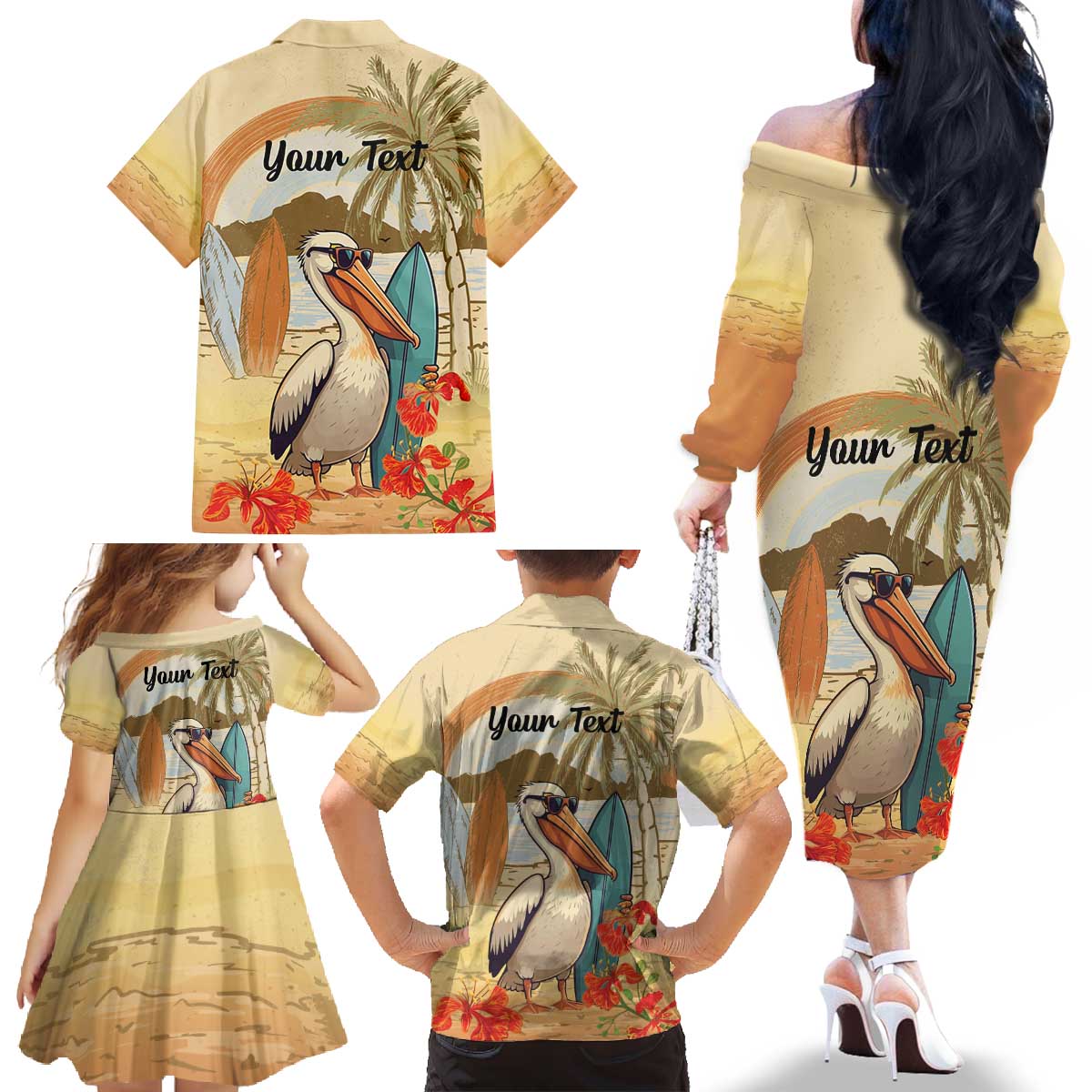 Personalized Saint Kitts And Nevis Family Matching Off The Shoulder Long Sleeve Dress and Hawaiian Shirt Brown Pelican Beach Vibe - Wonder Print Shop