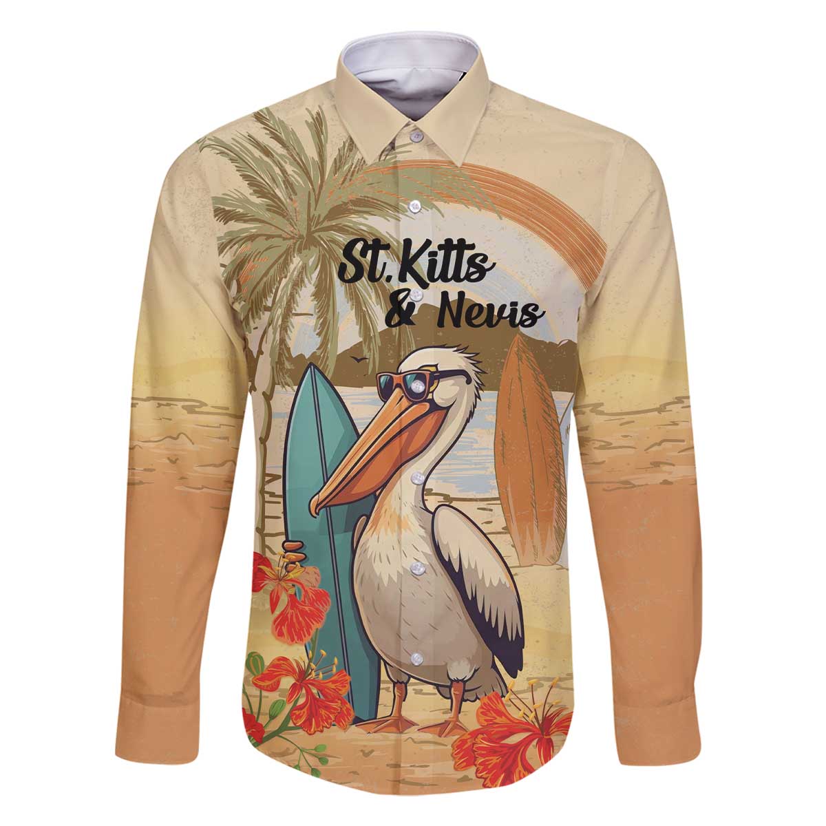 Personalized Saint Kitts And Nevis Family Matching Off The Shoulder Long Sleeve Dress and Hawaiian Shirt Brown Pelican Beach Vibe - Wonder Print Shop