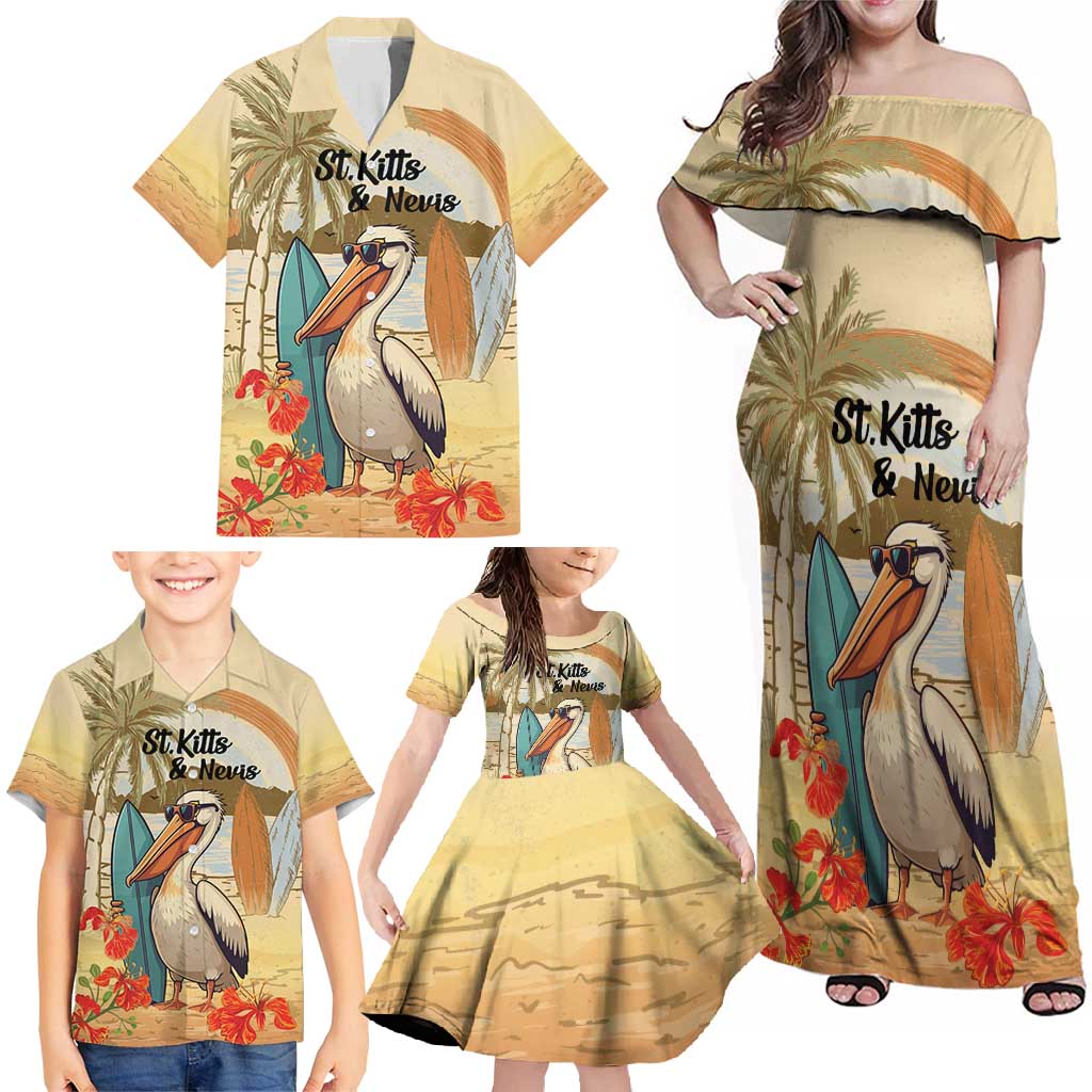 Personalized Saint Kitts And Nevis Family Matching Off Shoulder Maxi Dress and Hawaiian Shirt Brown Pelican Beach Vibe - Wonder Print Shop