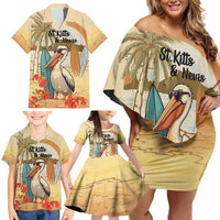 Personalized Saint Kitts And Nevis Family Matching Off Shoulder Short Dress and Hawaiian Shirt Brown Pelican Beach Vibe - Wonder Print Shop
