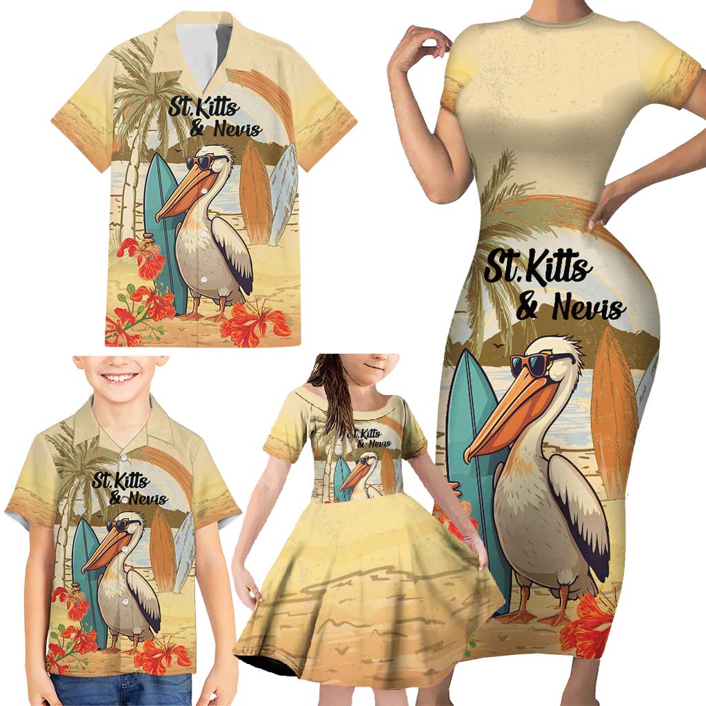 Personalized Saint Kitts And Nevis Family Matching Short Sleeve Bodycon Dress and Hawaiian Shirt Brown Pelican Beach Vibe - Wonder Print Shop