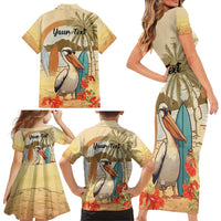 Personalized Saint Kitts And Nevis Family Matching Short Sleeve Bodycon Dress and Hawaiian Shirt Brown Pelican Beach Vibe - Wonder Print Shop