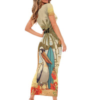 Personalized Saint Kitts And Nevis Family Matching Short Sleeve Bodycon Dress and Hawaiian Shirt Brown Pelican Beach Vibe - Wonder Print Shop