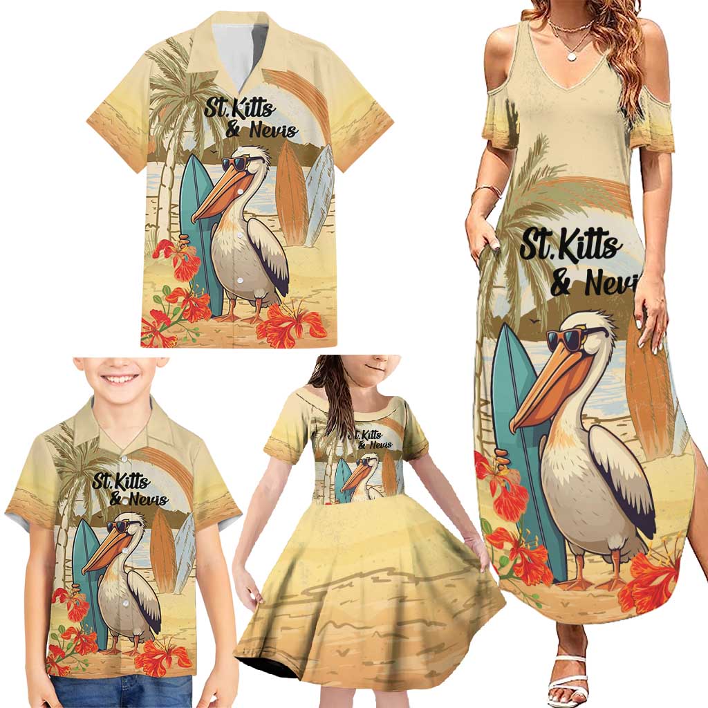 Personalized Saint Kitts And Nevis Family Matching Summer Maxi Dress and Hawaiian Shirt Brown Pelican Beach Vibe - Wonder Print Shop